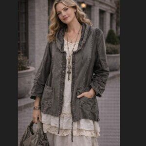 XCVI Fjord Utility Jacket XL Gray Olive Mixed Media Hooded Zip Lagenlook Chic